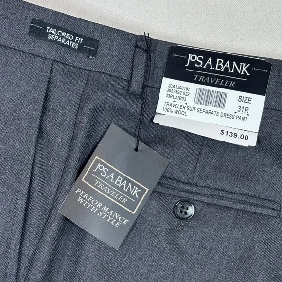 Jos A Bank Traveler Tailored Fit Classic Gray Wool Dress Pants Mens 31x28 NWT - Picture 2 of 11